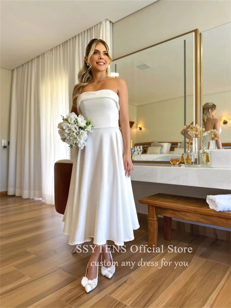 SSYTENS-Strapless cetim vestido de casamento para mulheres, vestidos de noiva sem mangas personalizados, comprimento do tornozelo, vestidos de noiva Midi