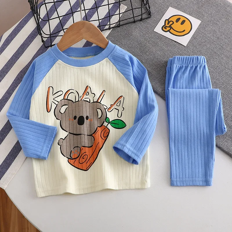 Pyjama chaud à col rond pour bébé garçon et fille, ensemble de sous-vêtements, t-shirt, pantalon, dessin animé, animal, mignon, automne, nouveau