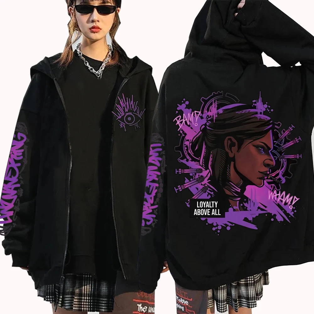 سترة بغطاء للرأس برسومات Arcane Jinx بسحاب Harajuku Hip Hop بلوفر علوي هدية أنيمي