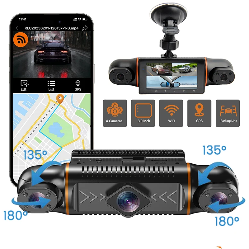 4CH Dash Cam GPS 2K Front and Triple 1080P 360 Degree Parking Monitor Car DVR Night Vision WiFi APP Control for Uber Driver/Taxi