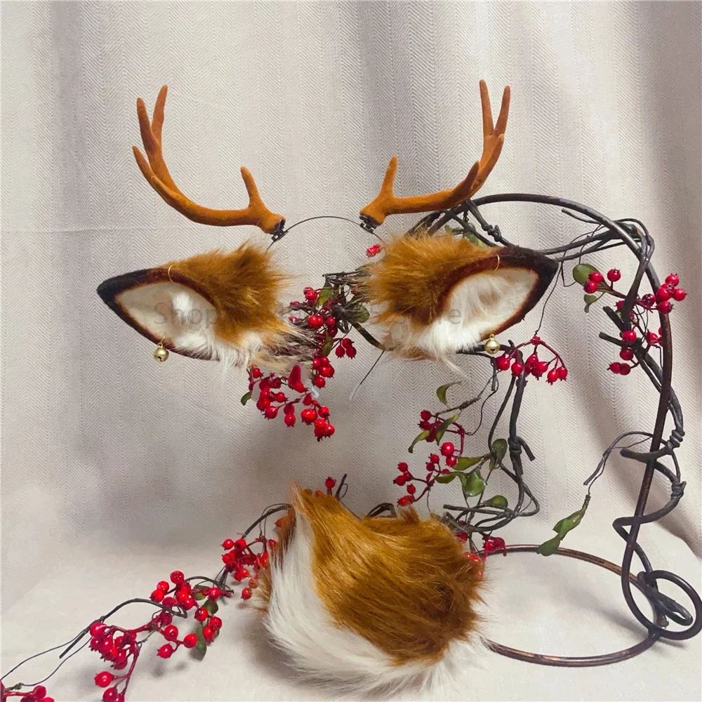 اليدوية عيد الميلاد هالوين آذان الغزلان القرن Hairhoop أغطية الرأس الذيل لوليتا لعبة حفلة تأثيري حلي الملحقات #1