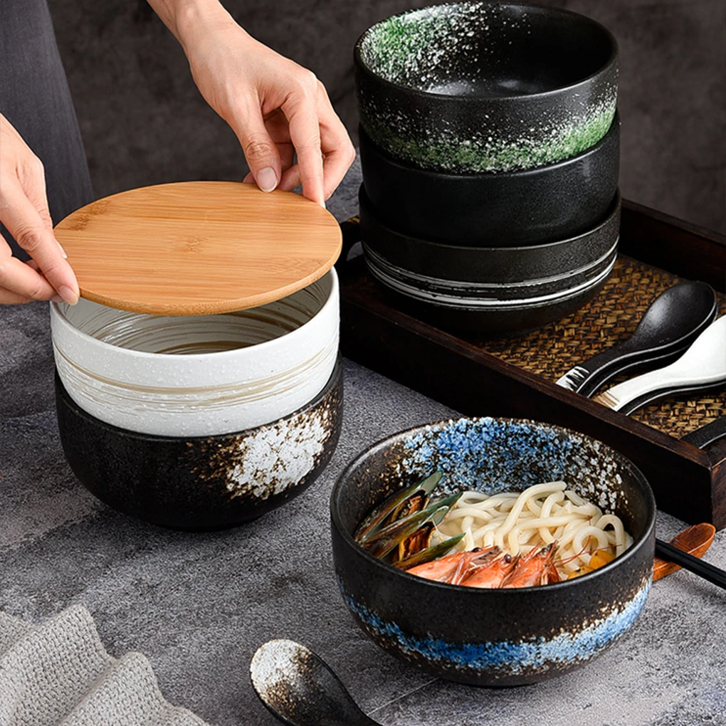 4pcs/set Vintage Japanese Ramen Bowl with Lid Spoon Ceramic Ramen Bowl Ceramic Salad Soup Bowls Kitchen Instant Noodle Bowl