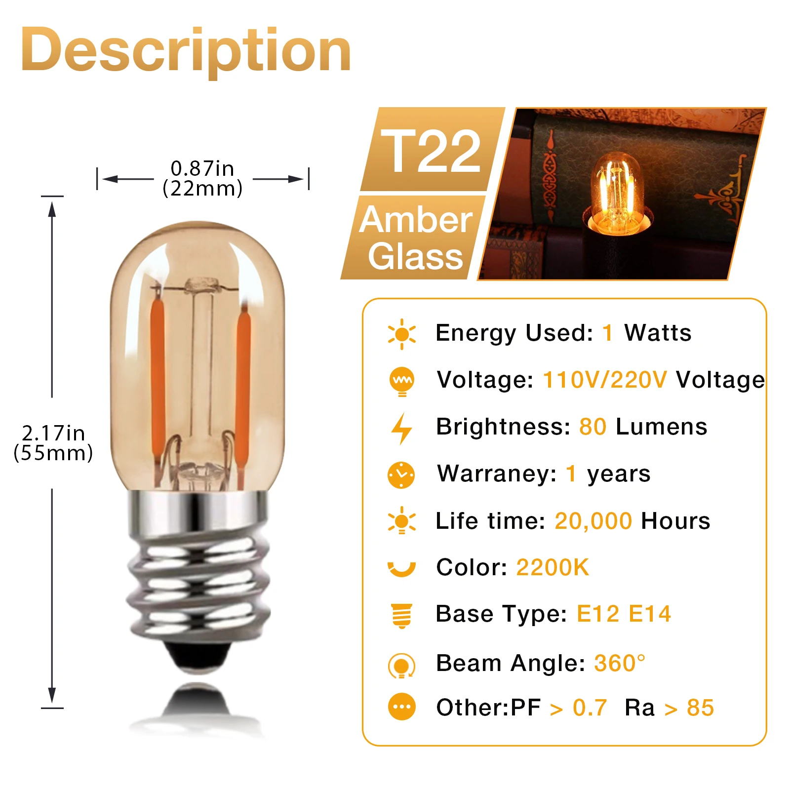 Sphoon 1W Led Tubular Light Bulbs E12 E14 Screw Base Gold Tint Glass Warm White 2200K  Dimmable Antiqued Mini Decor Edison Bulb