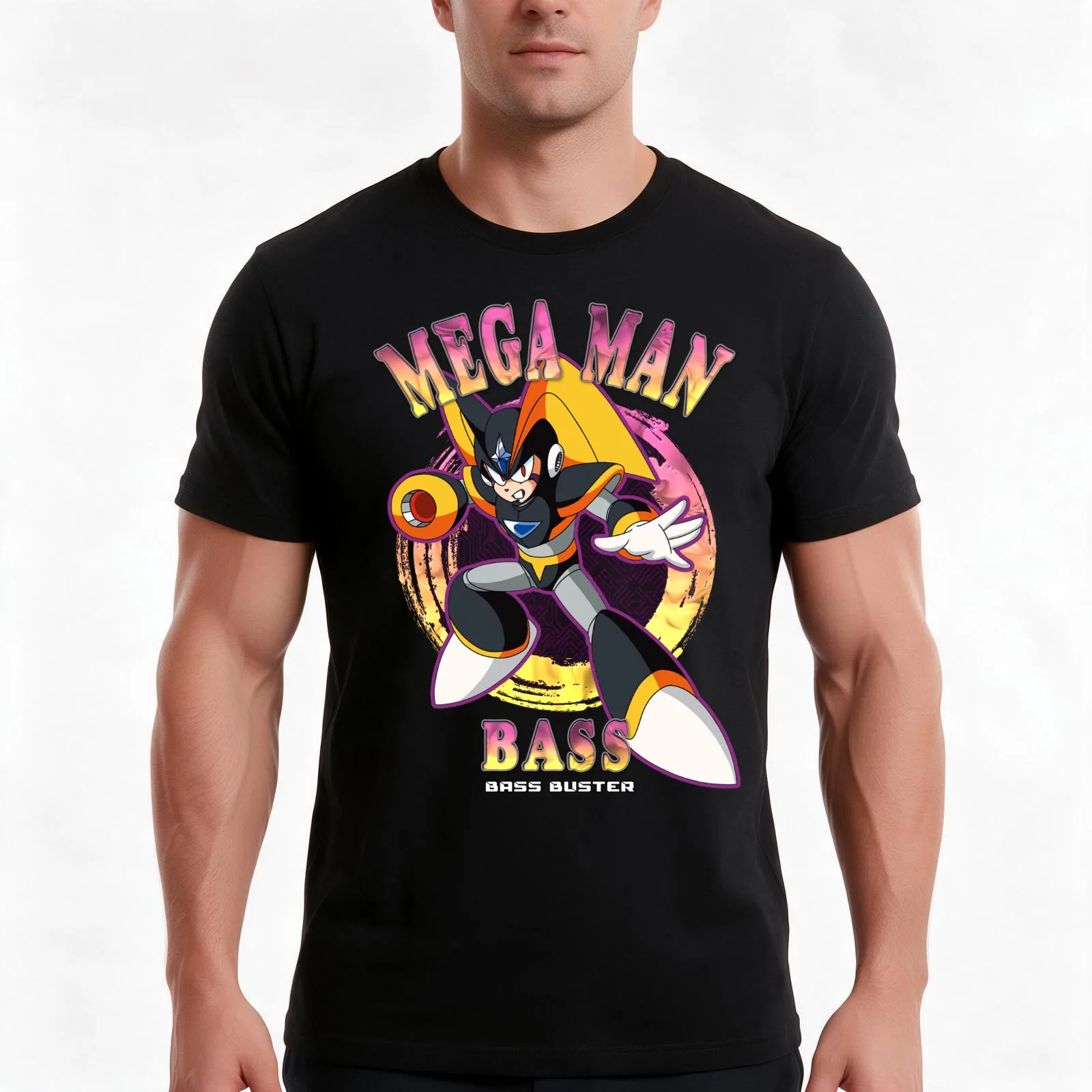 Mega Man - Bass Buster Bass T-Shirt, Summer Casual Cotton Tee, Oversized Streetwear Tops, Vintage Graphic Print, 100% Cotton