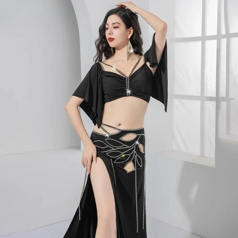 Costume di danza del ventre personalizzato con fessura singola, stampa a caldo, modello di diamante, pratica di danza orientale, vestiti per spettacoli, prezzo economico