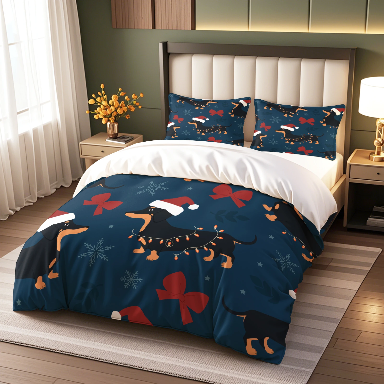 2/3Pcs Christmas Dachshund Duvet Cover Set with 1/2 Pillow Shams, Soft Breathable Holiday Bedding Set, No Duvet Insert