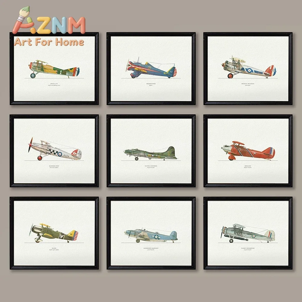 AZNM Frameless Canvas Wall Art Vintage Military Fighter Plane Watercolor Print Classic Aircraft Illustration Boys Room Decor Pos