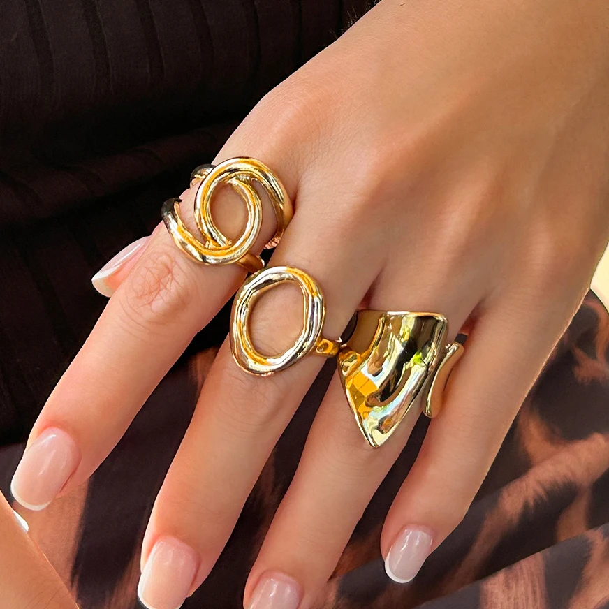 

KunJoe 3Pcs Fashion Design Irregular Geometry Open Rings Set for Women Hip Hop Punk Gold Color Hollow Finger Rings Daily Jewelry