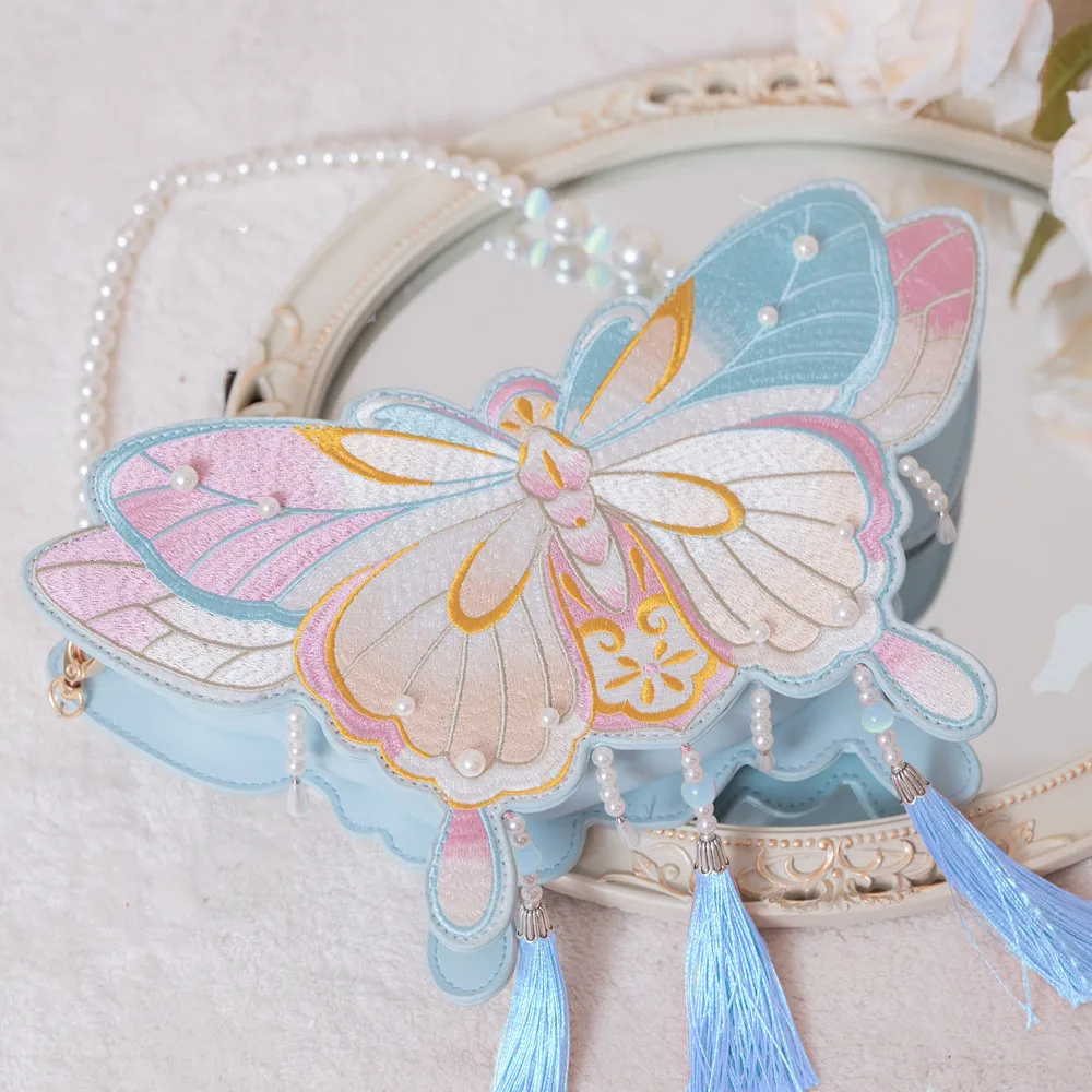 Chinese Style Gentle Girl Cosplay Lolita Elegant Bag Butterfly Embroidery Pearl Gem Tassel Zipper Portable Messenger Bag