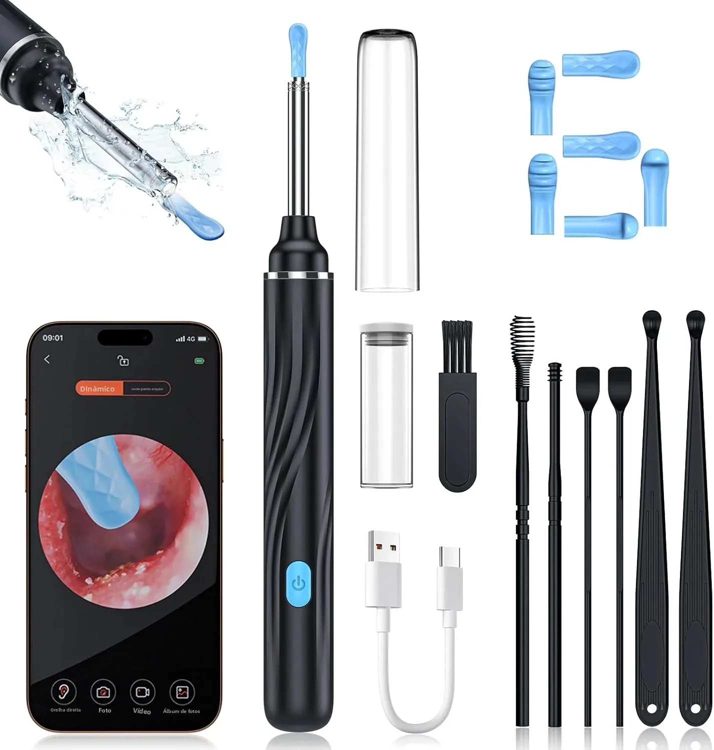Limpador de Ouvido Visual Sem Fio com Câmera, Kit Otoscópio Seguro para Remoção de Cera com Luz LED e Ponta de Silicone, Ferramenta de Limpeza de Ouvido para Idosos