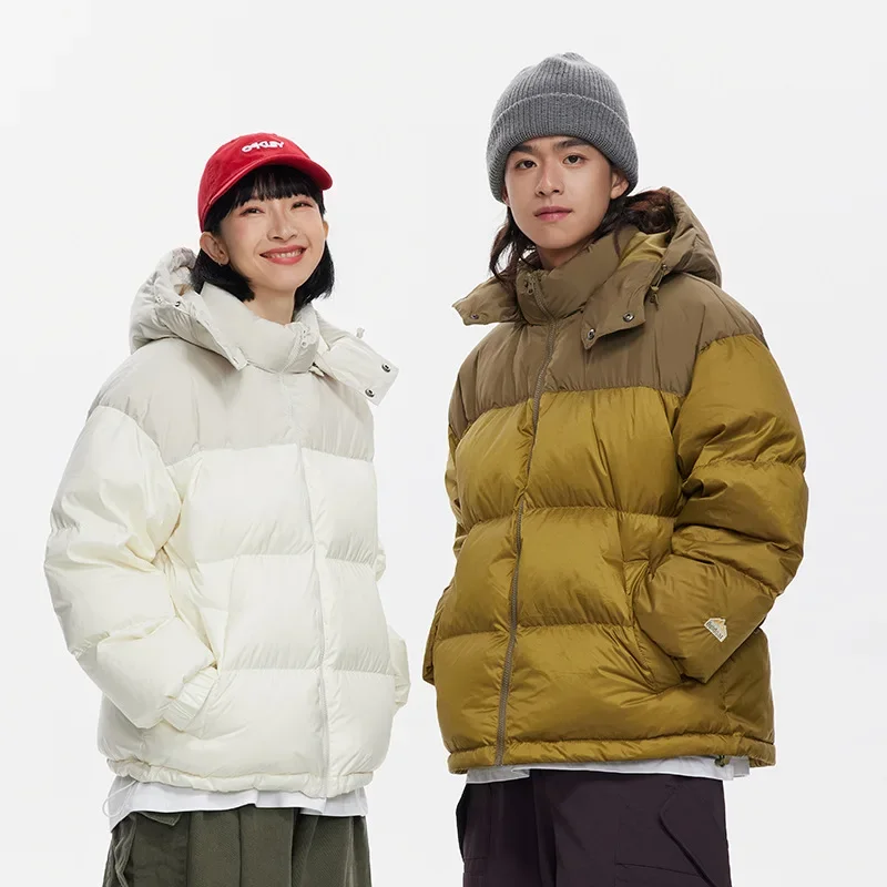 Winter Jacket Men 90 Down American Retro Color Blocking Hooded Waterproof Down Jacket Men and Women Couple Thickened Down Coat