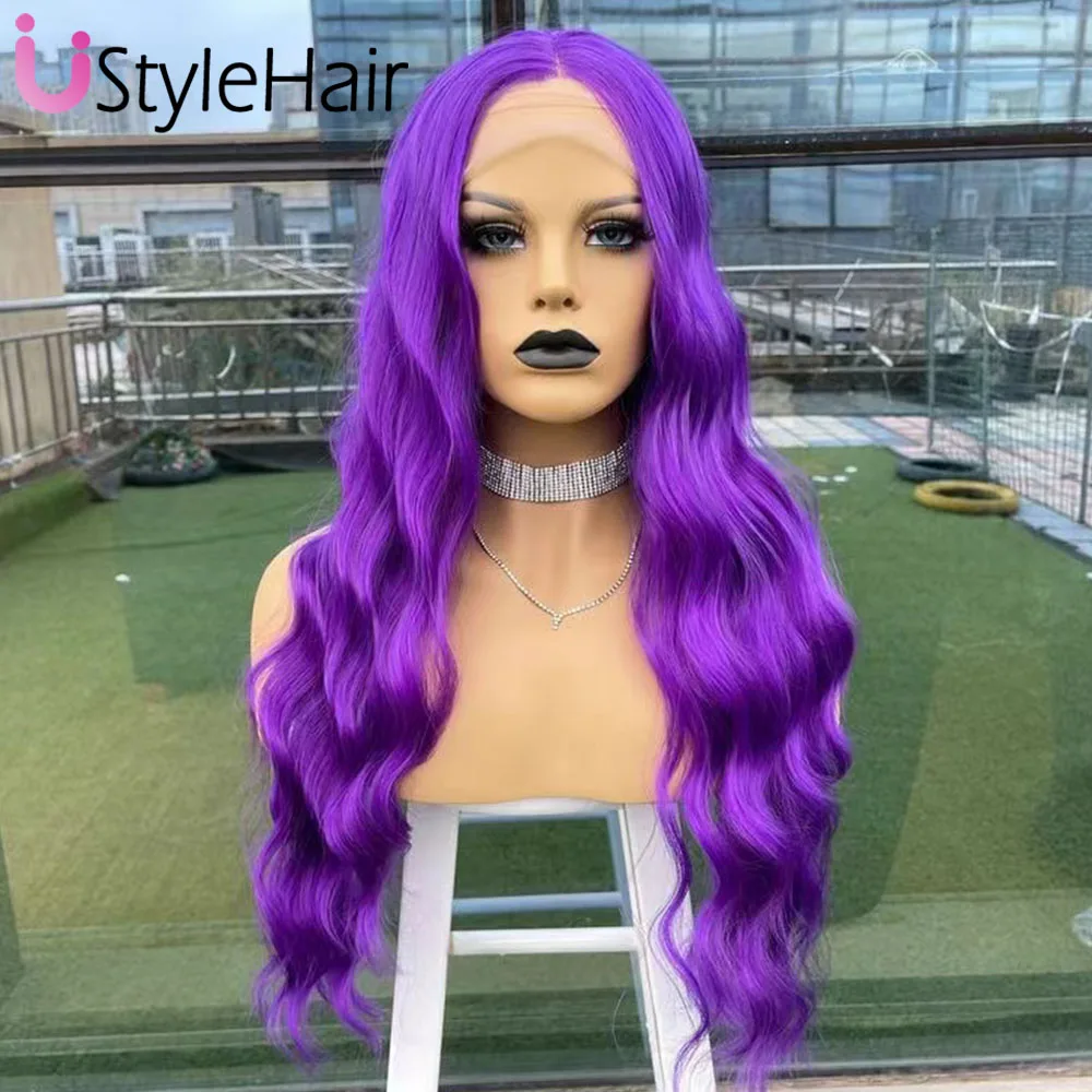 UStyleHair-Peruca Roxo Onda Natural com Lace Front, Fina Sintética, Uso Diário Peruca Cosplay, Rosa Vermelha