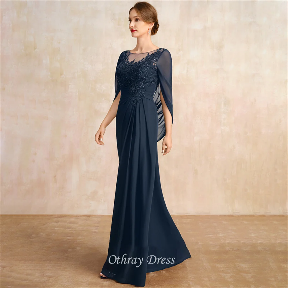 New Scoop Illusion Mother Of The Bride Dress A Line Lace Chiffon Formal Dresses With Sequins Vestidos Mae Da Noiva Casamentos