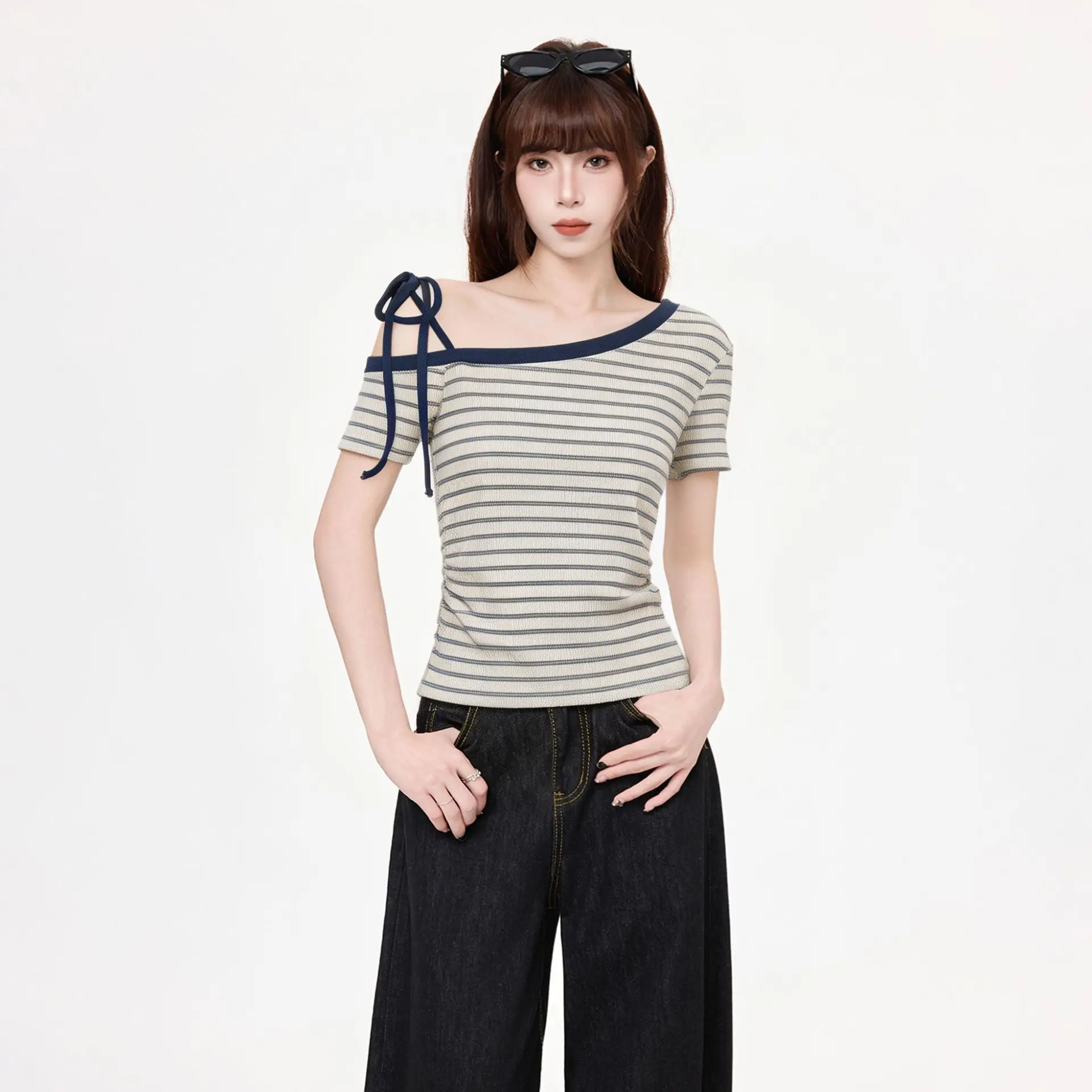 Navy Blue Striped Diagonal Neck Off-the-shoulder Short-sleeved T-shirt Women's Summer 2026 New Design Slim-fitting and Thin Top