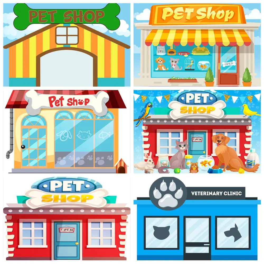 

Pet Shop Theme Photography Backdrop Cute Cats Cartoon Dogs Store Baby Shower Kids Birthday Party Decor Photo Background Banner
