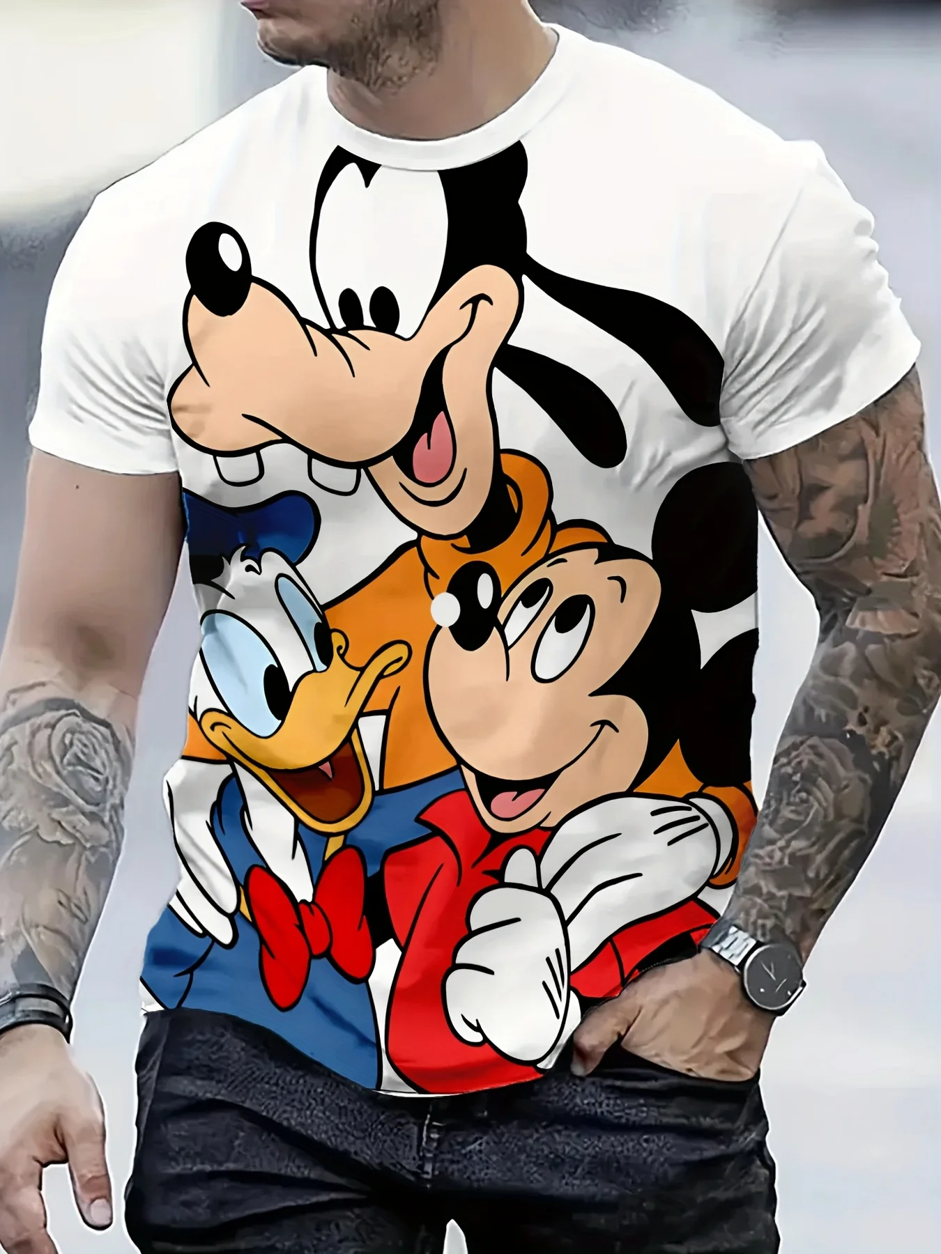 Men's Fashion Mickey Mouse 3D Digital Short Sleeve T-shirt Men's Fun Trendy Round Neck T-shirt Top Clothing