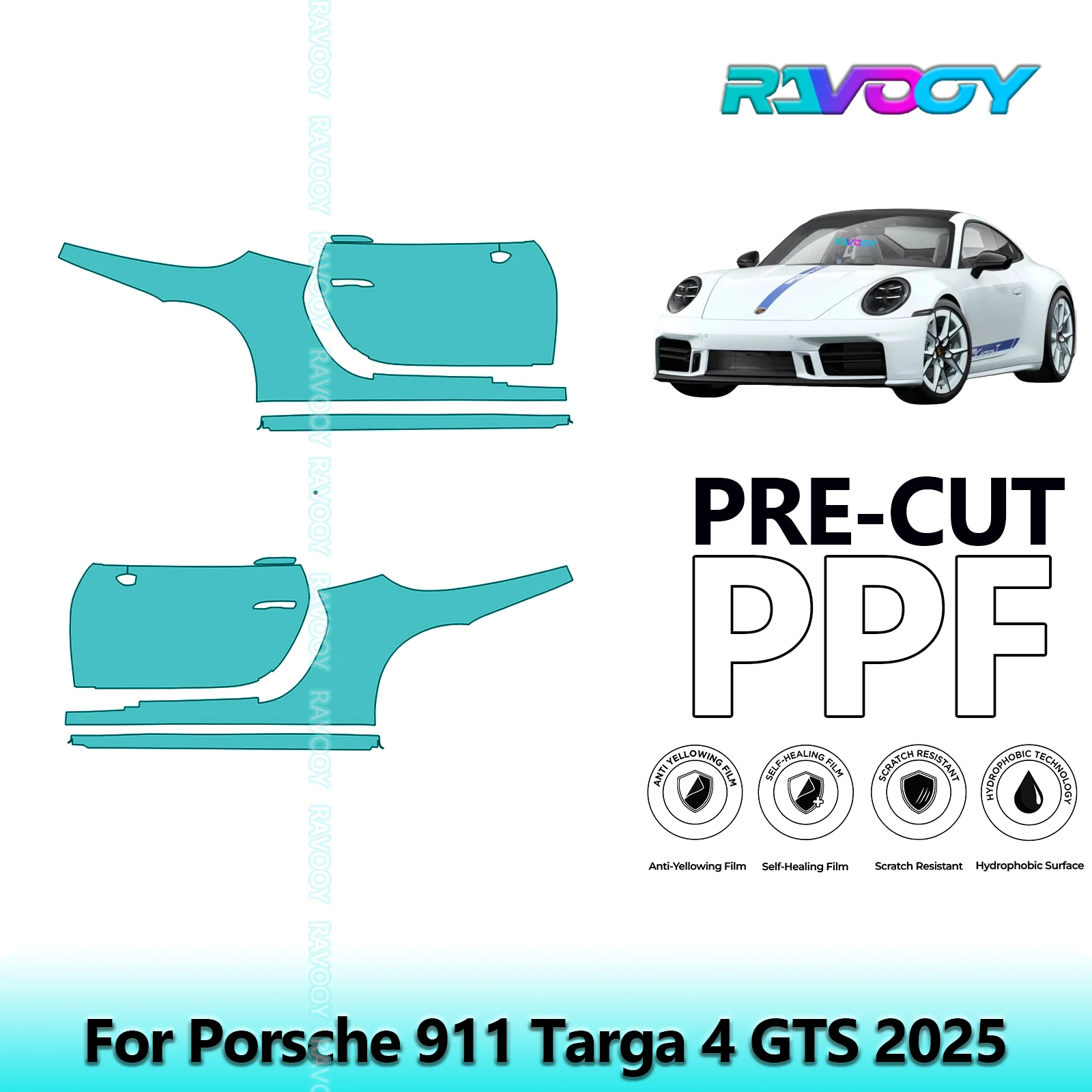 

For Porsche 911 Targa 4 GTS 2025 8.5mil Clear Matte Pre-Cut PPF Door & A/B Pillar Kit TPU Paint Protection Film Set