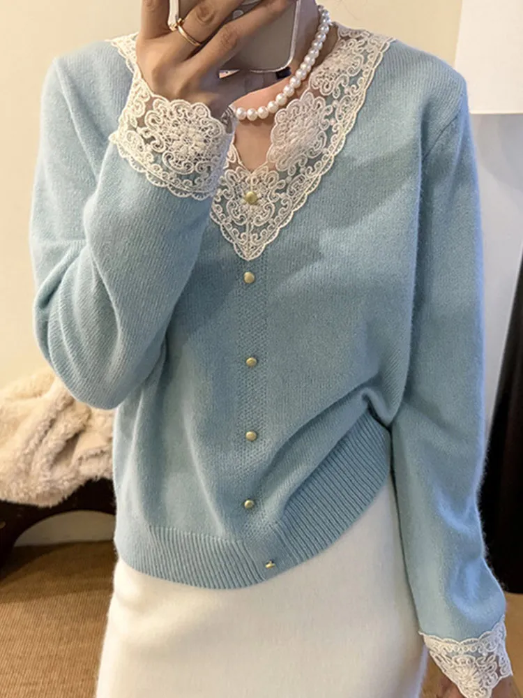 

V-Ne Long Sve Knitted Sweater Lace Splicing Woolen Autumn Top Faionable Gentle Sle Korean Version Straight Cut