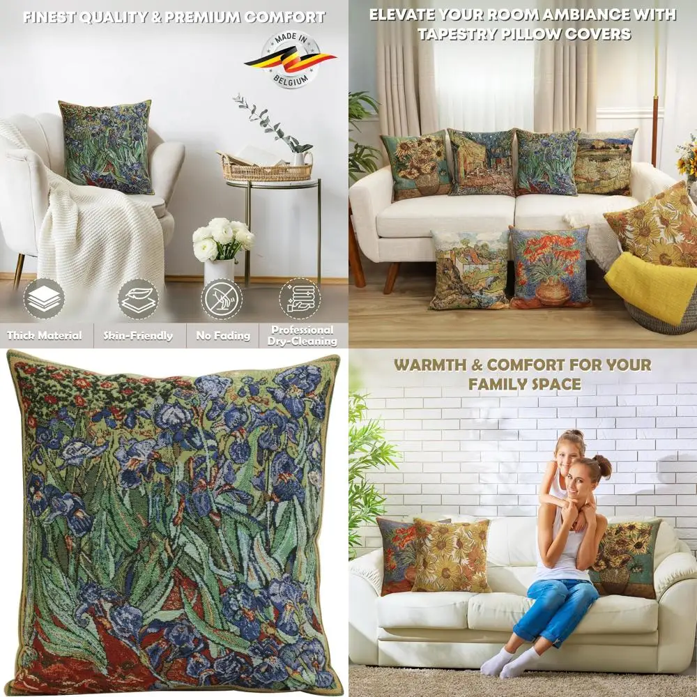 

Green Iris Tapestry Throw Pillow Cover, 16x16, European Cotton Jacquard, Living Room Decor