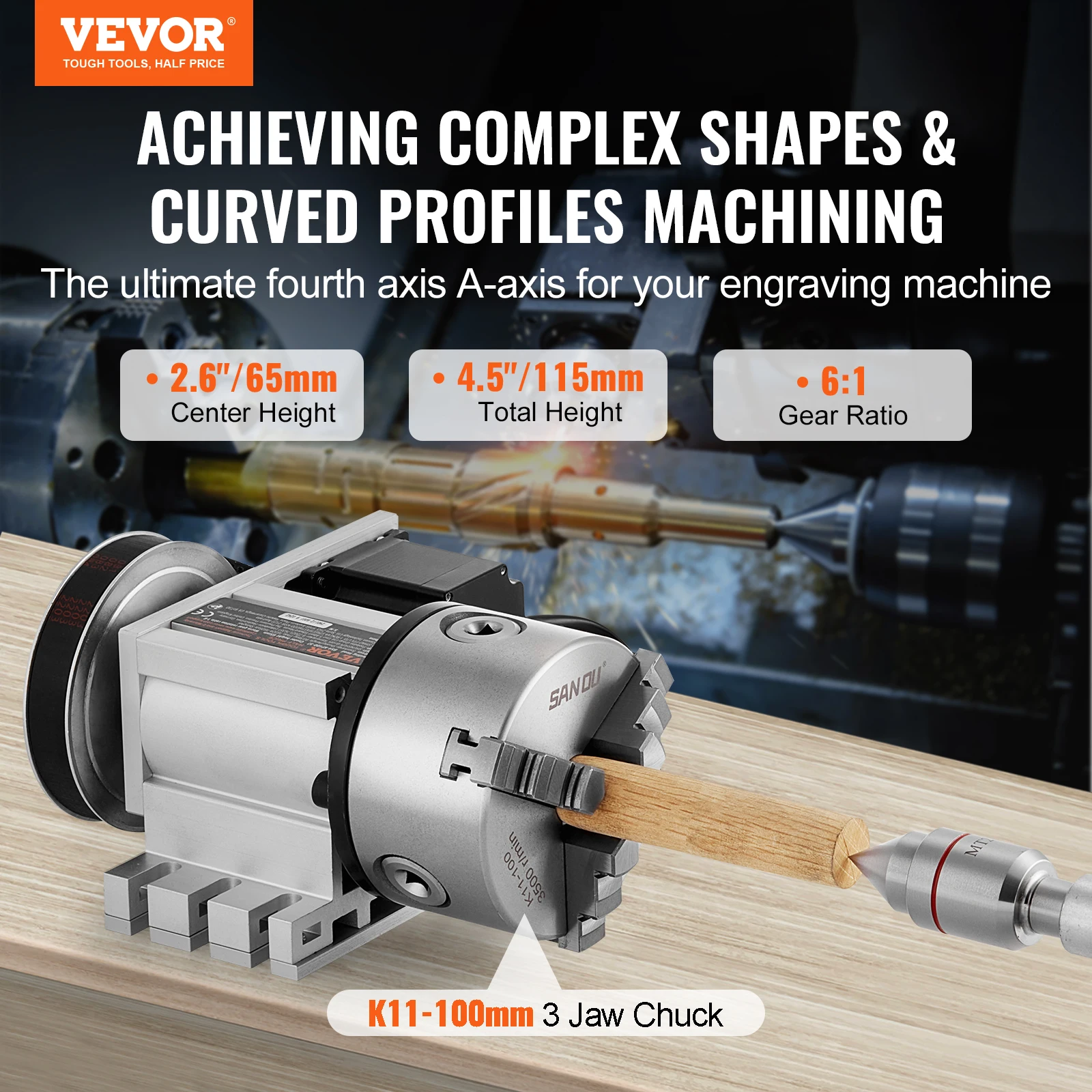 Imagem -02 - Vevor-cabeça Divisória para Fresagem e Gravura K11100 mm Mandíbula Chuck 2.6 in 65 mm Altura Central Mt2 Tailstock 4:1 Relação de Engrenagens Universal