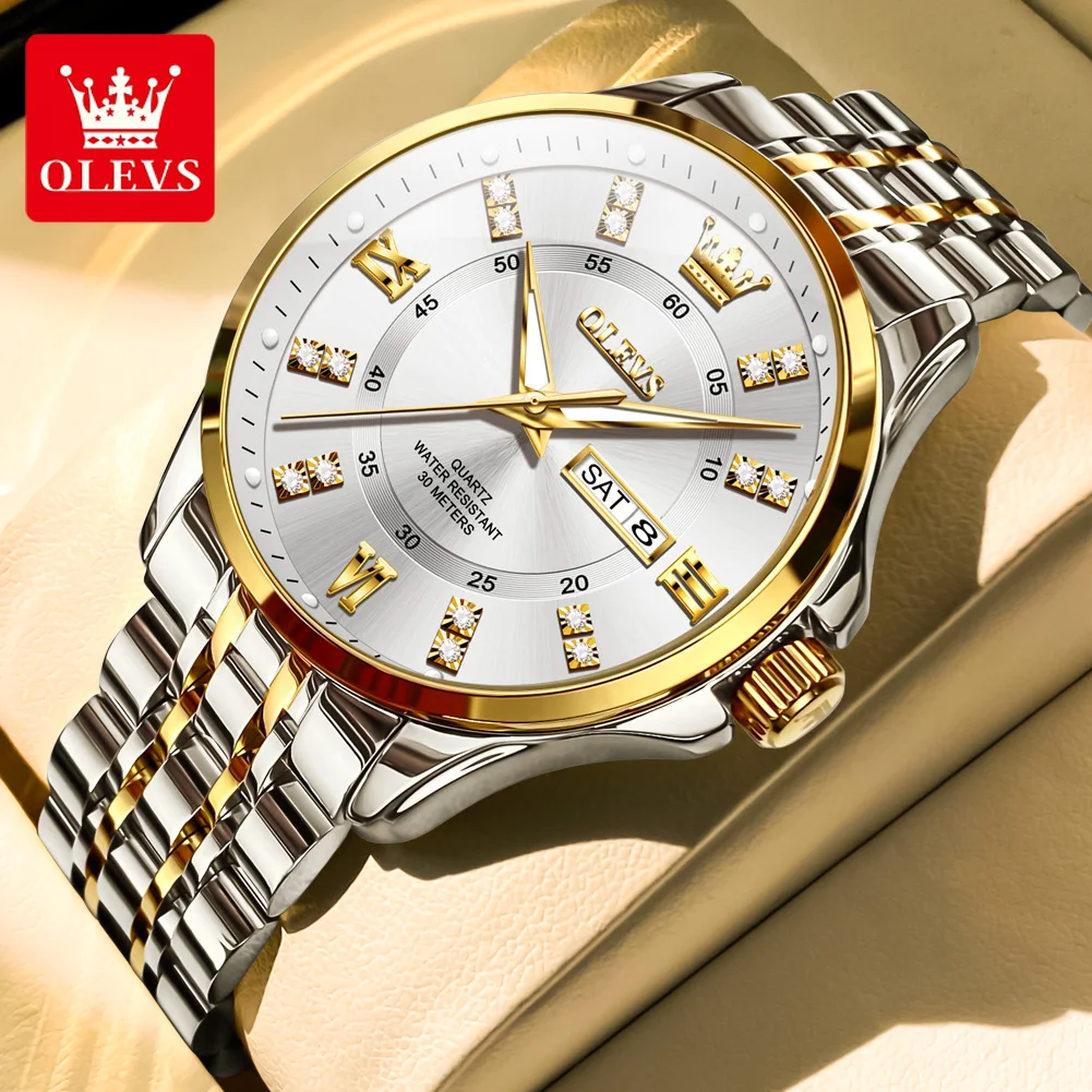 Olevs Heren Horloges Casual Mode Originai Quartz Horloge Voor Man Diamant Schaal Waterdicht Roestvrij Staal Lichtgevende Datum Week Nieuw