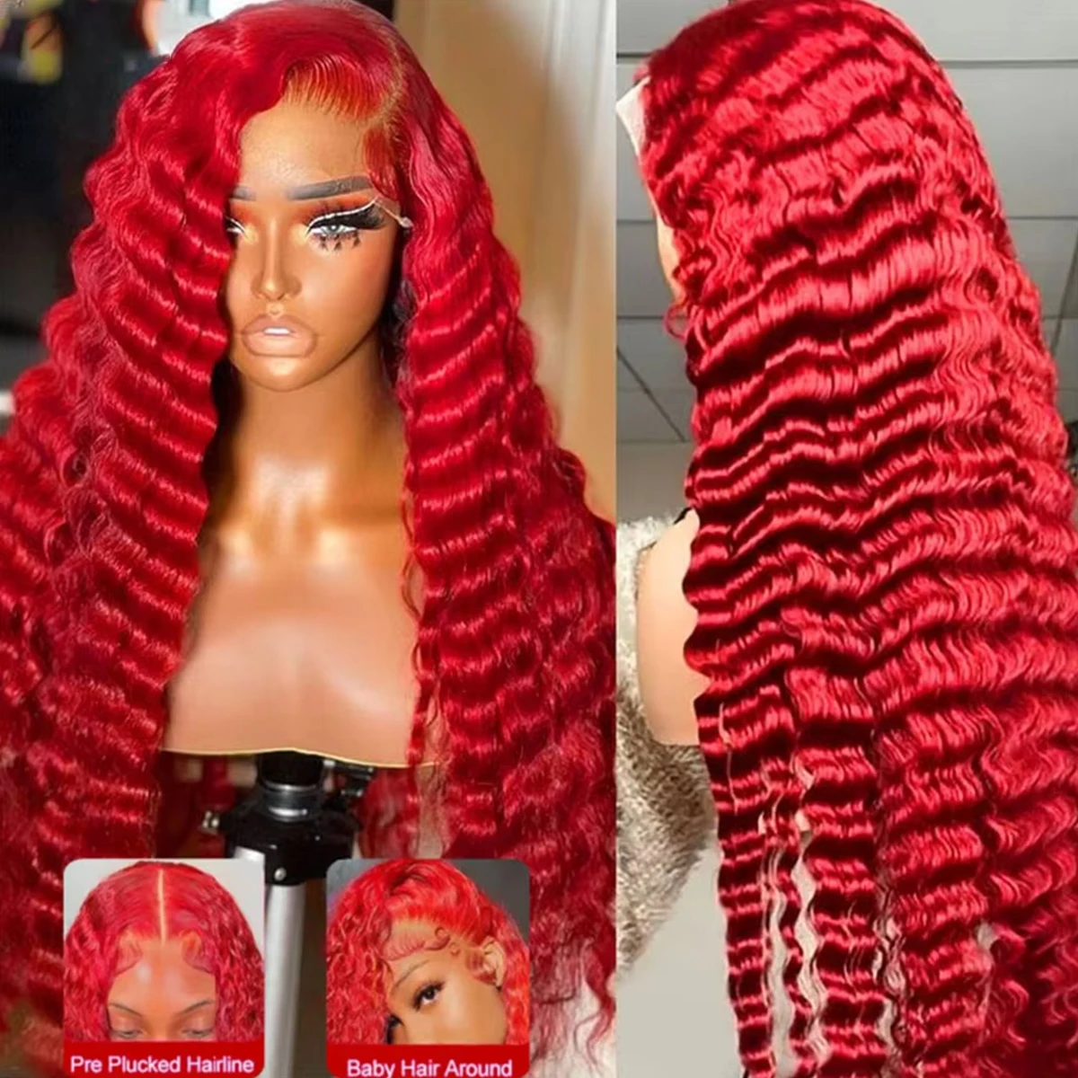 密度200 レッドカーリー人毛ウィッグ 40インチ 13x4 HDレースフロントウィッグ 100%ブラジリアンディープウェーブウィッグ 黒人女性用 生え際処理済み
