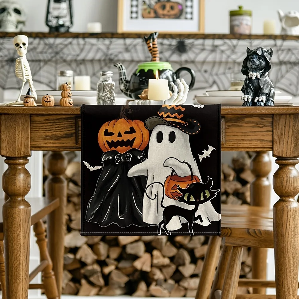 Black Spooky Jack-O'-Lantern Pumpkin Halloween Table Runner Kitchen Dining Table Decor Dresser Scarves for Home Party Decoration