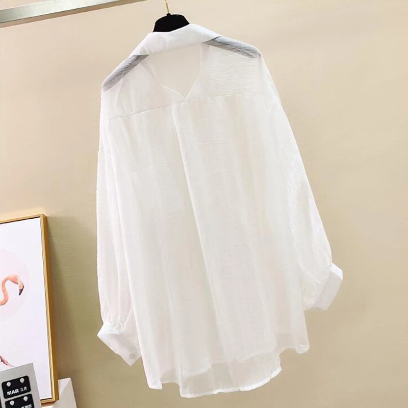 Clothing Casual Solid OL Top 2025 Lady Trend Simple Turn-Down Neck Long Sleeve See-through Thin Shirt And Blouses Loose Women