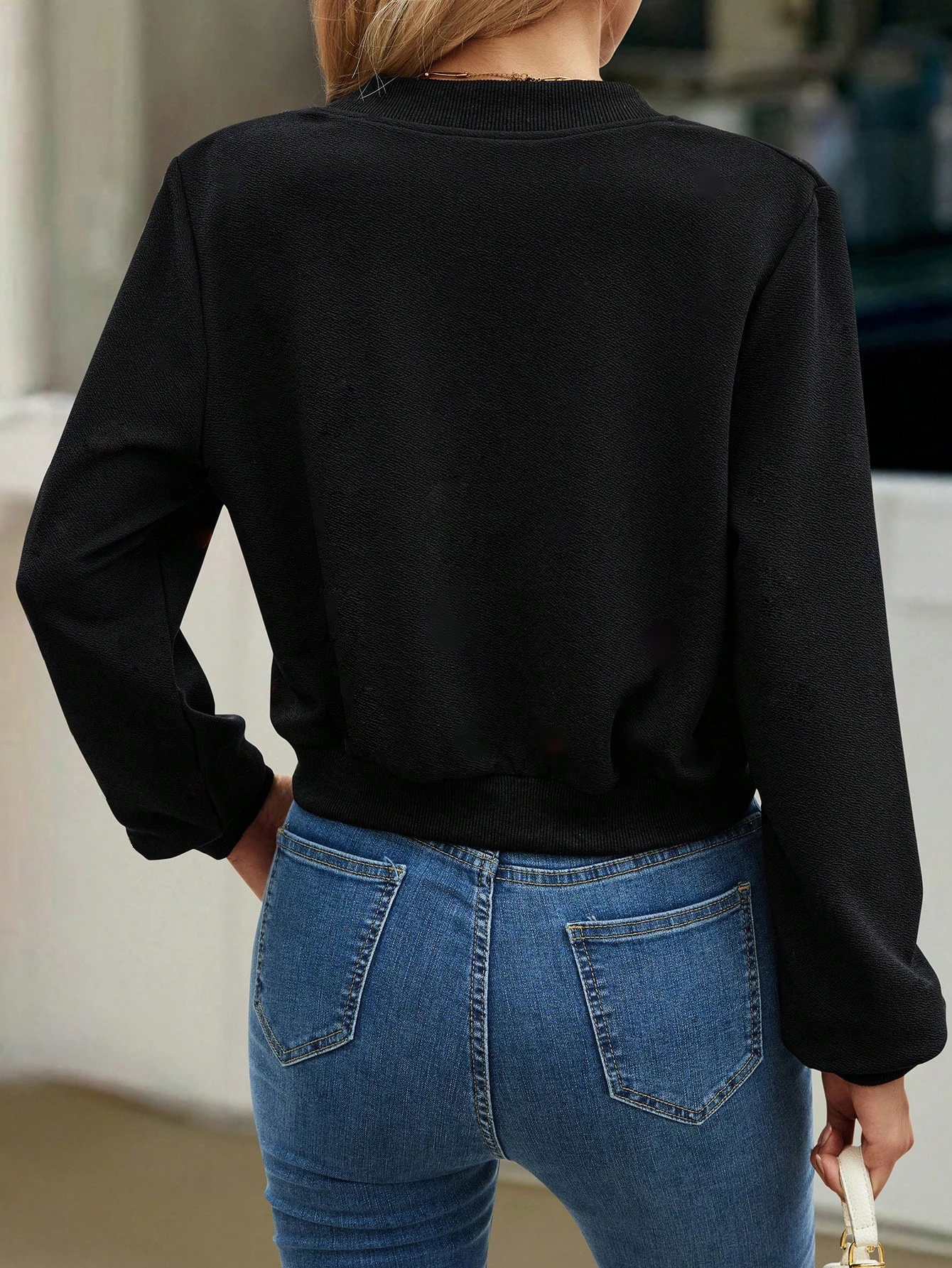 Women's Cropped Jacket Ribbed Stand Collar Zip Up Long Sleeve Solid Black Short Coat For Spring Autumn Daily Office Wear