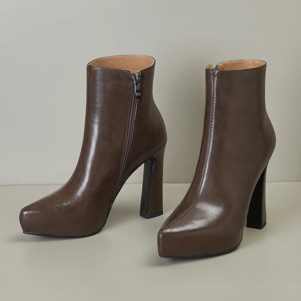 MILI-MIYA Nouvelle Arrivée Moyen Épissage Femmes Vache En Cuir Rinçage Bottes Jolie tu Parker Optique Talons Fermetures À Glissière Solide document À La Main