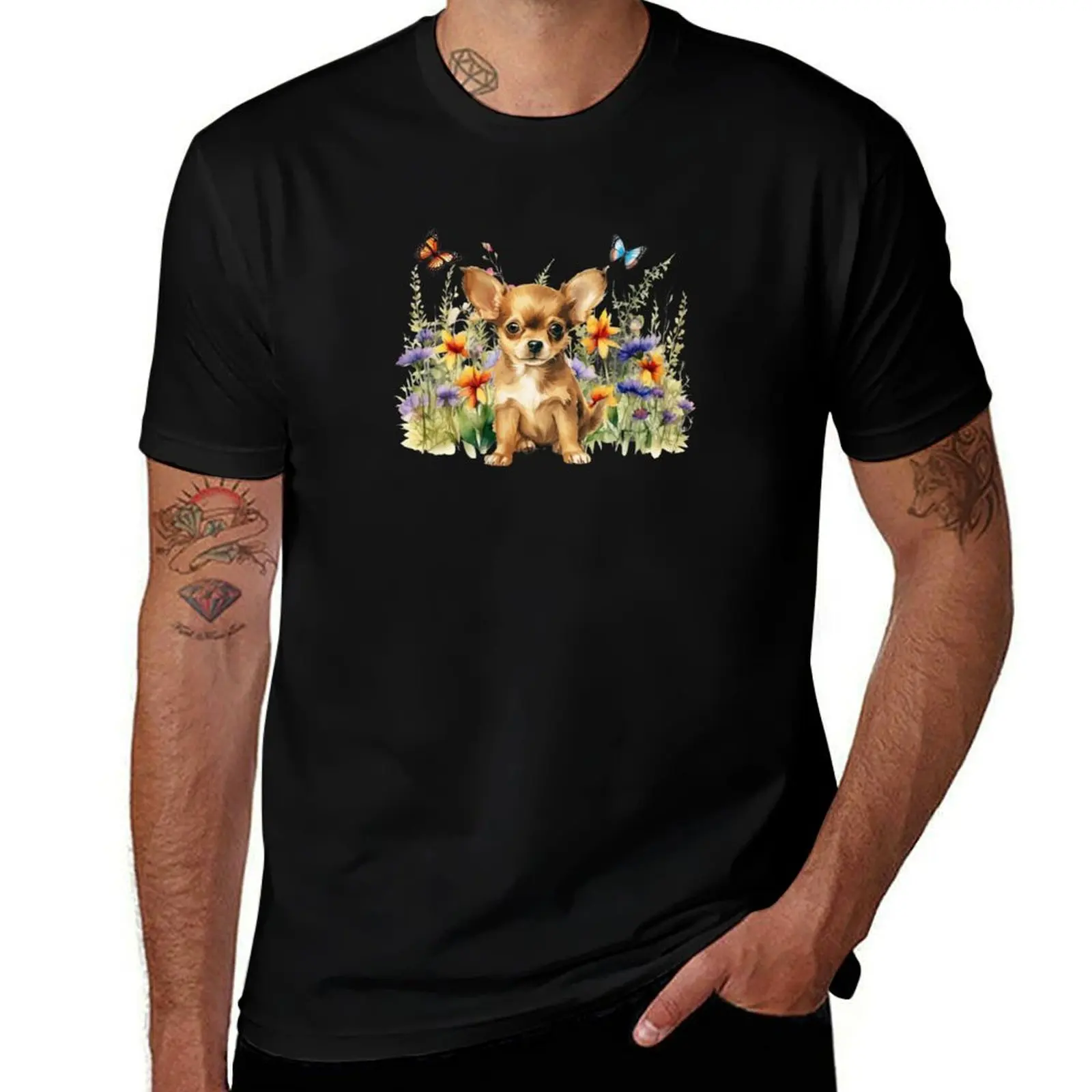 Chihuahua Puppy With Spring Flowers T-Shirt customizeds oversized t shirt mens t shirt