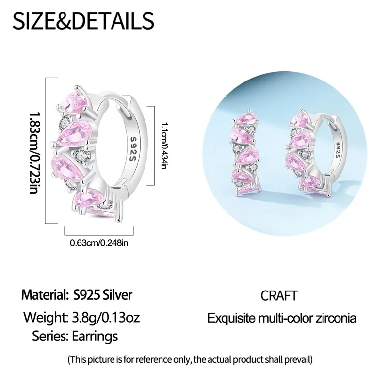 Immagine 6: Eleganti orecchini a cerchio in argento sterling 925 con cristalli rosa per le donne, regali di gioielli da sposa di alta qualità