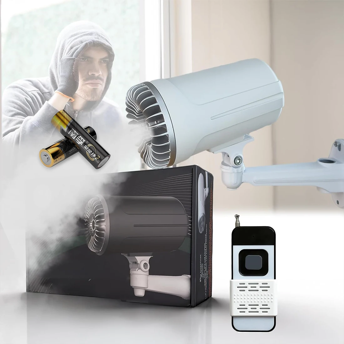 Battery Powered IP Enabled Remote Control SOS Button Triggered Motion Sensor Security Anti-Theft Fog Generator 150 Cubic Meters