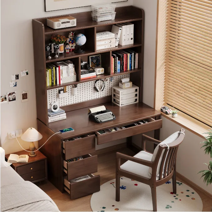 #@Solid Wood Nordic Desk Bookshelf Combo for Home Bedroom Living Room-Student Small Apartment Pegboard Study Computer Desk