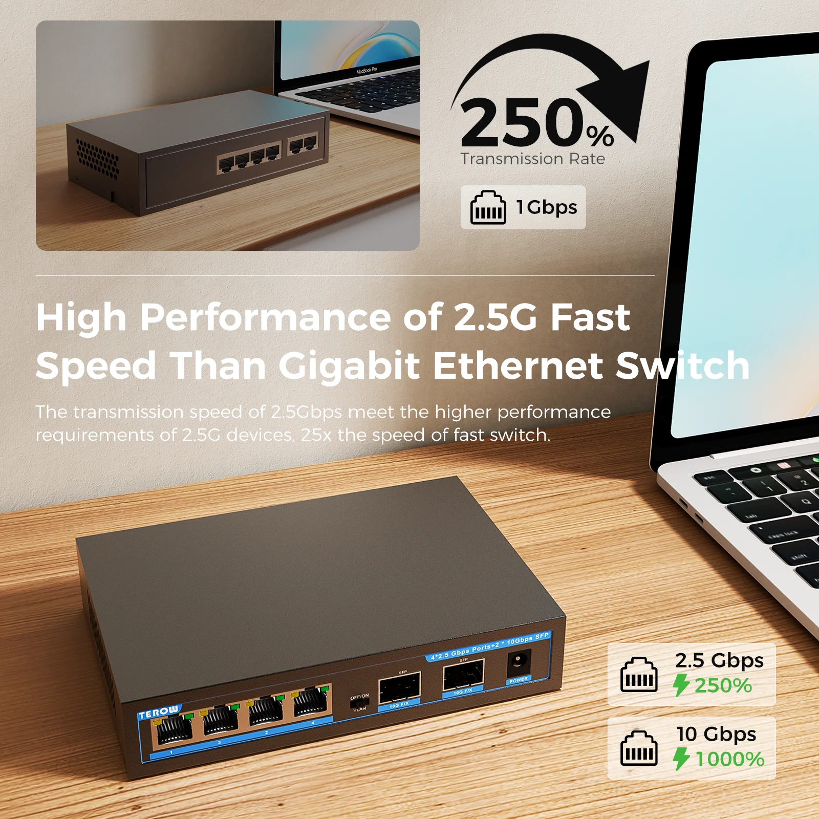 TEROW-Switch Gigabit Ethernet, Switch de rede, não POE, conector SFP para roteador Wi-Fi, aplicativo sem fio, 9 ou 6 portas, 2.5G, 10GB