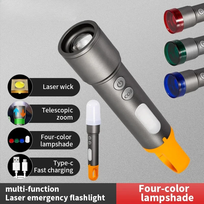 Linterna LED de Alta Potencia con Zoom, Luz Roja/Verde/Azul, Recargable por USB, para Camping, Senderismo, Pesca, COB