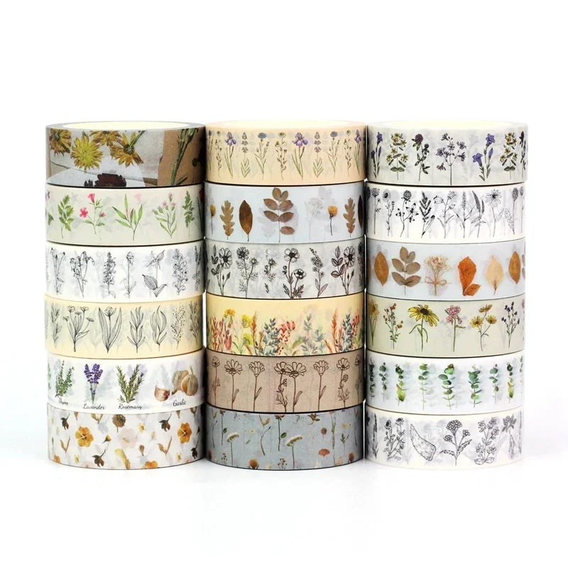 1X 10M Decor pressed flowers Neutral Floral Leaves Adhesive Washi Tape Set for Scrapbooking Diary Masking Tape Kawaii Stationery