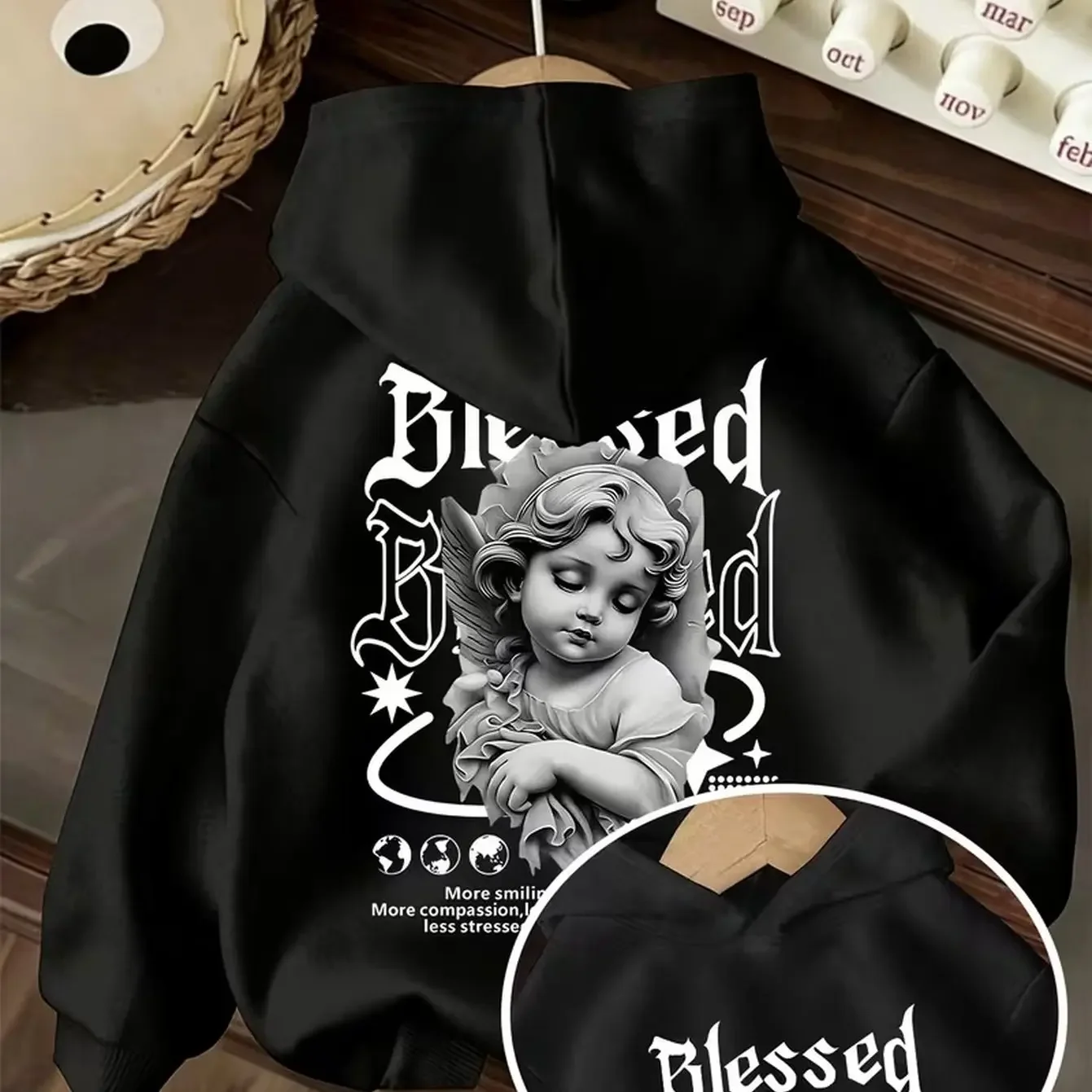 Y2K Casual Children Boy with Hooded Sweatshirt High Street Gothic Blessed Angel Design Pattern Print Hooded Sweatshirt