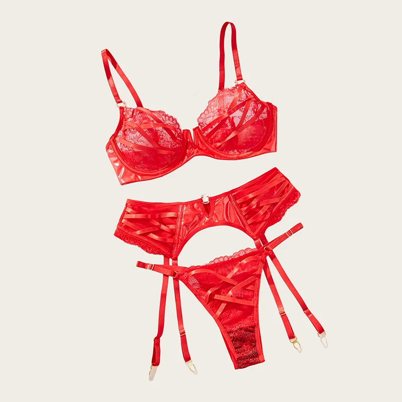 

Women's Lingerie Charming Sexy Underwear With Garter Belt Red Pu Leather Splicing Lace 3pcs Lingerie Set Luxury Intimate Bra Set