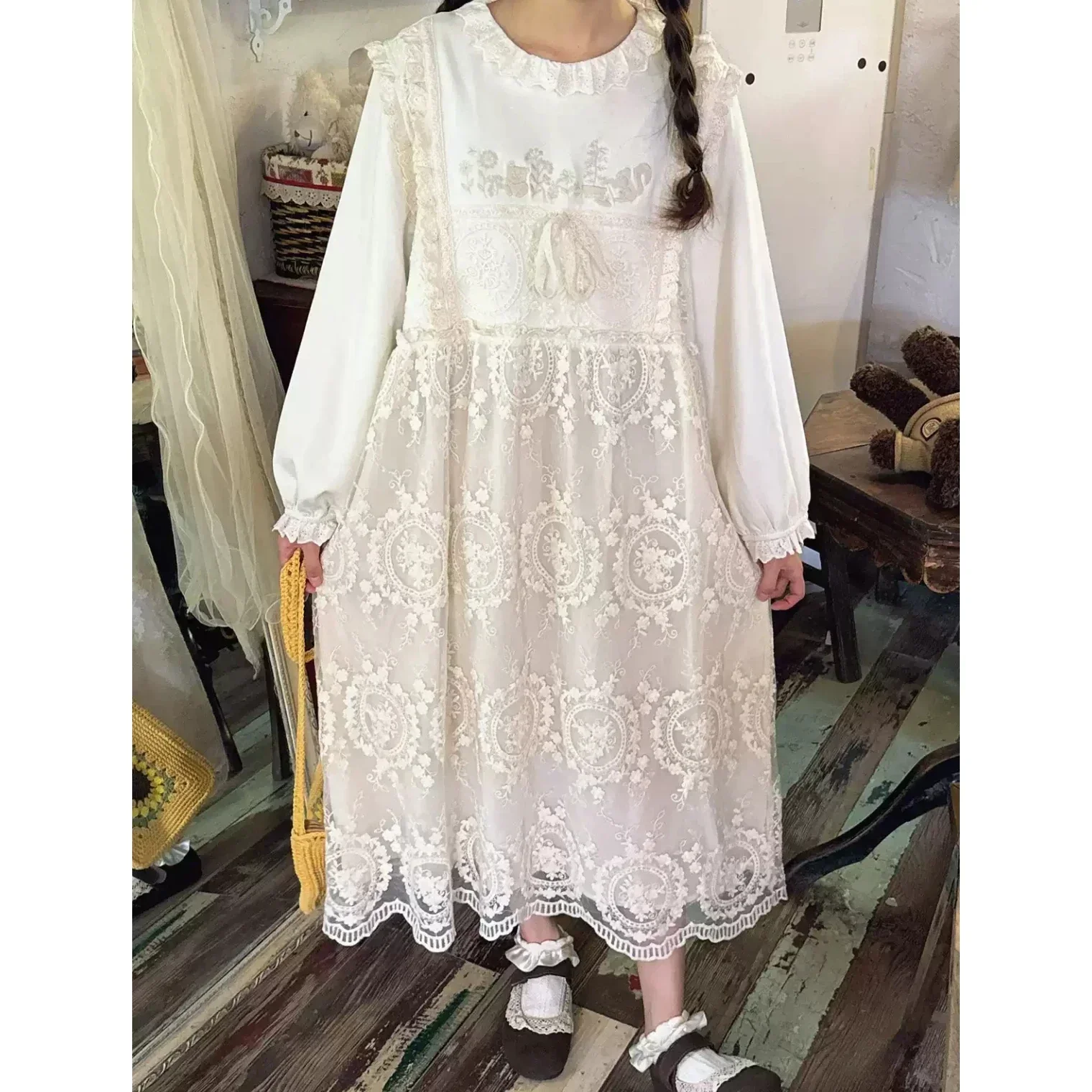 

Vintage Sweet Embroidery Ruffled Lace Lace Cover Midi Dress Mori Girl Shabby Chic Retro Korean Harajuku Kawaii Cottagecore Dress