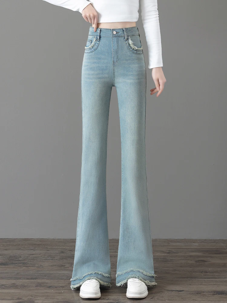 

Light Blue High Waist Flared Jeans Women's Spring Autumn Fashion Trend Hoof Pants Torn Hem Denim Skinnier Style
