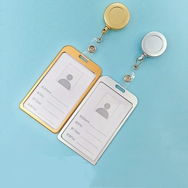 Aluminum Alloy ID Tag Work Card Sleeve with Lanyard Name Badge Holder Pass Card Protective Case Retractable Badge Reel