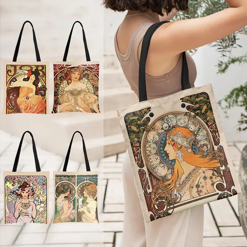 Oil Painting By Alphonse Mucha Print Shoulder Bag Women Totes Bags Large Capacity Casual Handbag Reusable Shopping Bags Gift