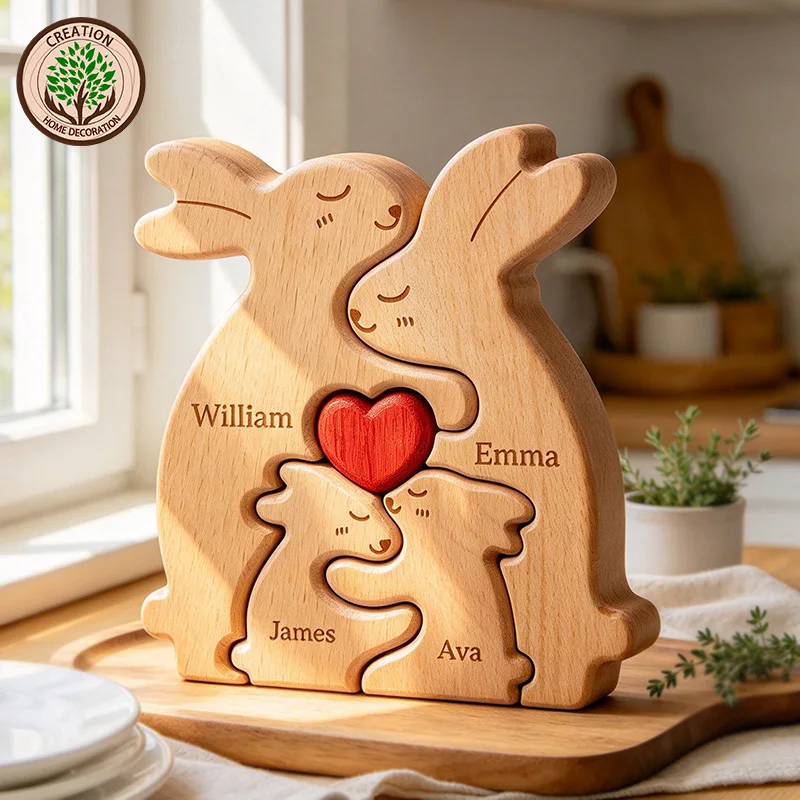 Personalized Rabbit Puzzle Wooden Art Free Customization Name Family Anniversary Festival Christmas Warm Home Decoration