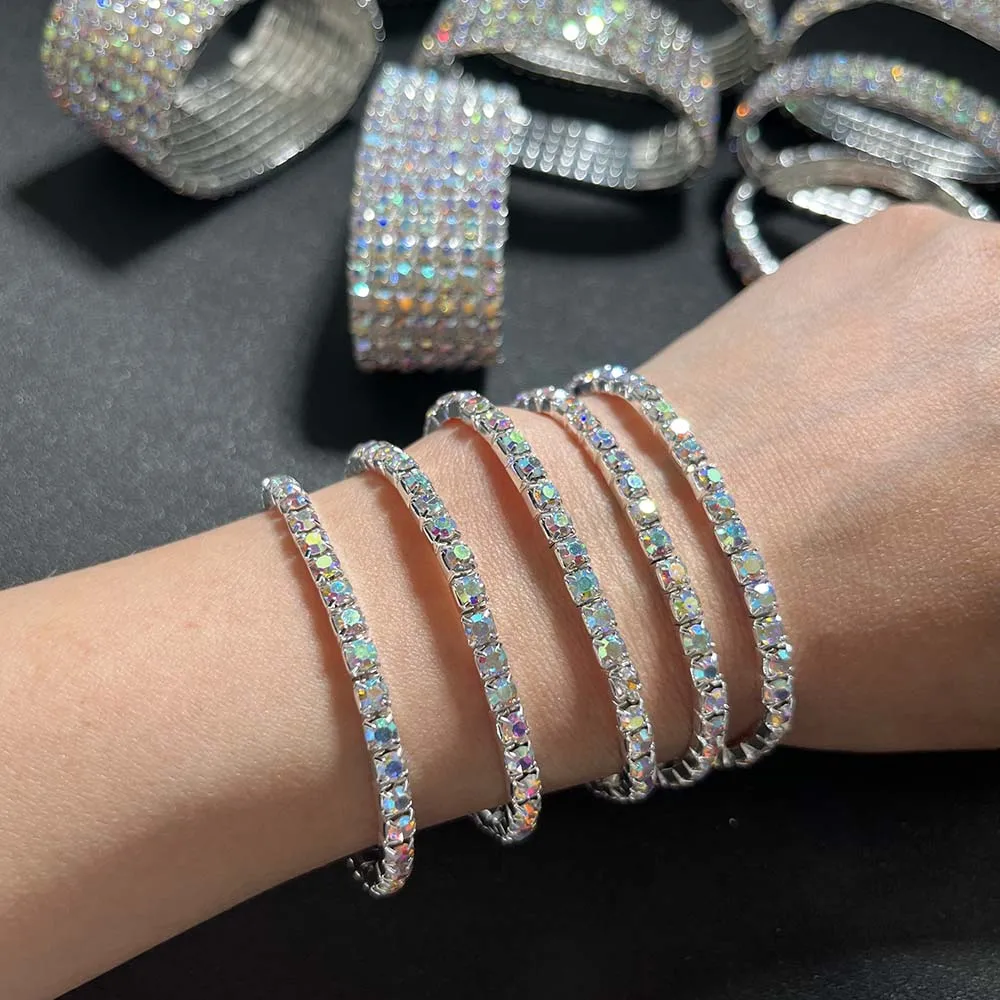 TREAZY Stunning AB Color Rhinestones Wedding Bangles Silver Plated Crystal Stretch Bracelet for Women Wristband Elastic Jewelry