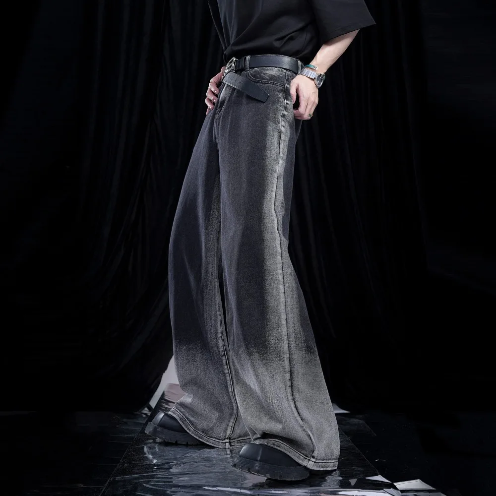 

Straight Leg Wide Leg Jeans Men's Spring and Autumn Black Gray Gradient Retro Washed and Worn Wide Leg Floor Length Pants