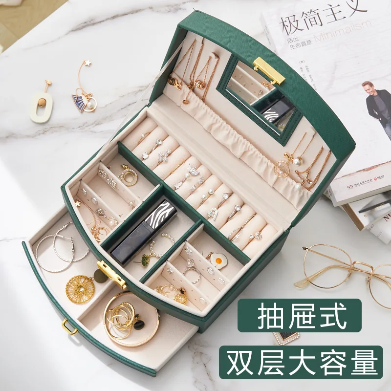 Children\'S Double-Layer Hair Jewelry Comes With A Mirror Storage Box Drawer Jewelry Box Ring Earring Jewelry Storage Box Gift