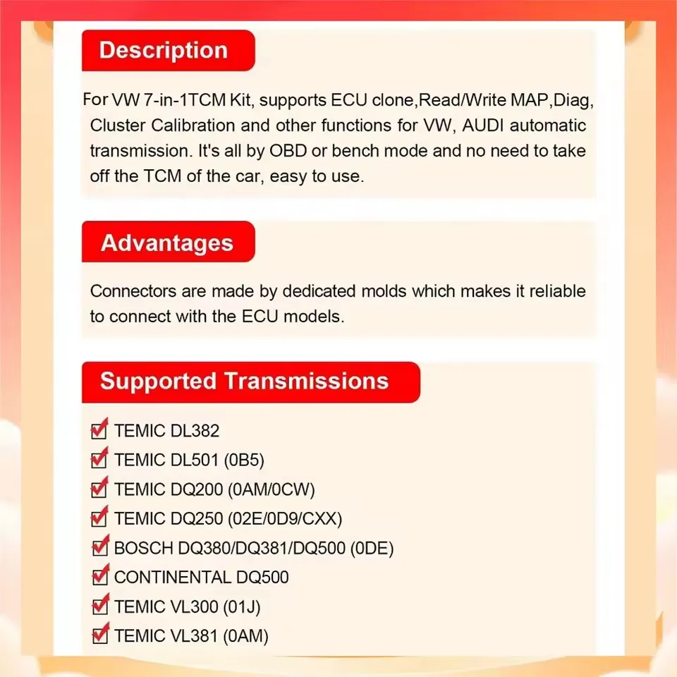 OBDSTAR for VW TCM Cable 7-in-1 Kit Support ECU Clone Read/Write MAP for DC706 and Other OBDSTAR Tools