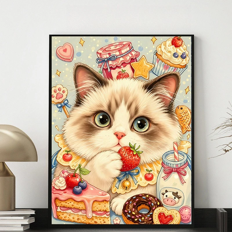 Diamond Painting, Kawaii Rag Doll Cat with Strawberry Donut Dessert Theme, Mosaic Handicraft, Ideal Gift for Holiday Decor
