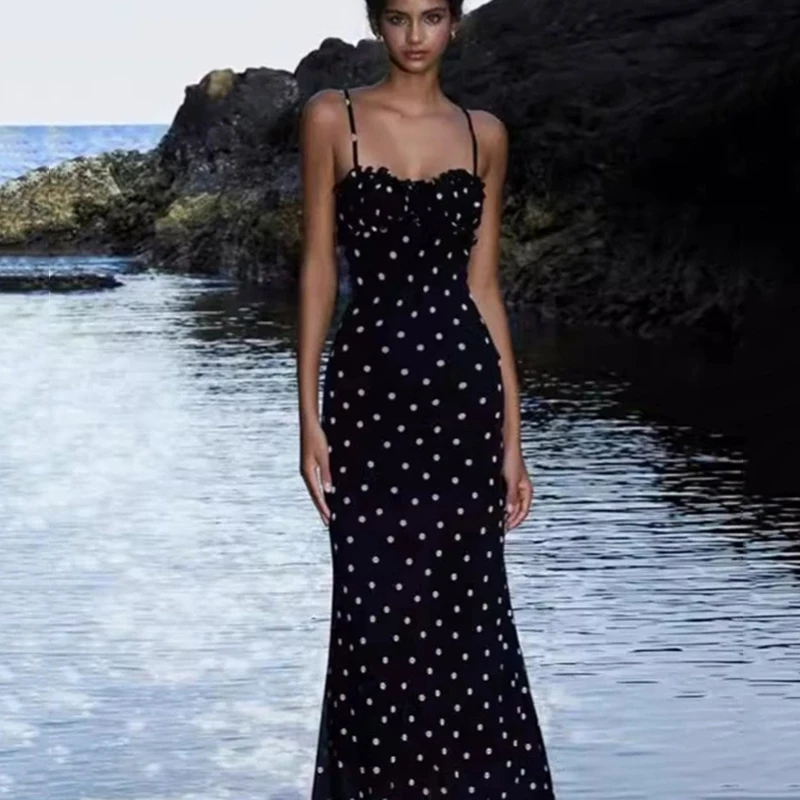 Abito lungo europeo elegante con cinturino per spaghetti Abito da donna con stampa a pois senza schienale Donna Temperamento Abito da festa e da sposa da donna